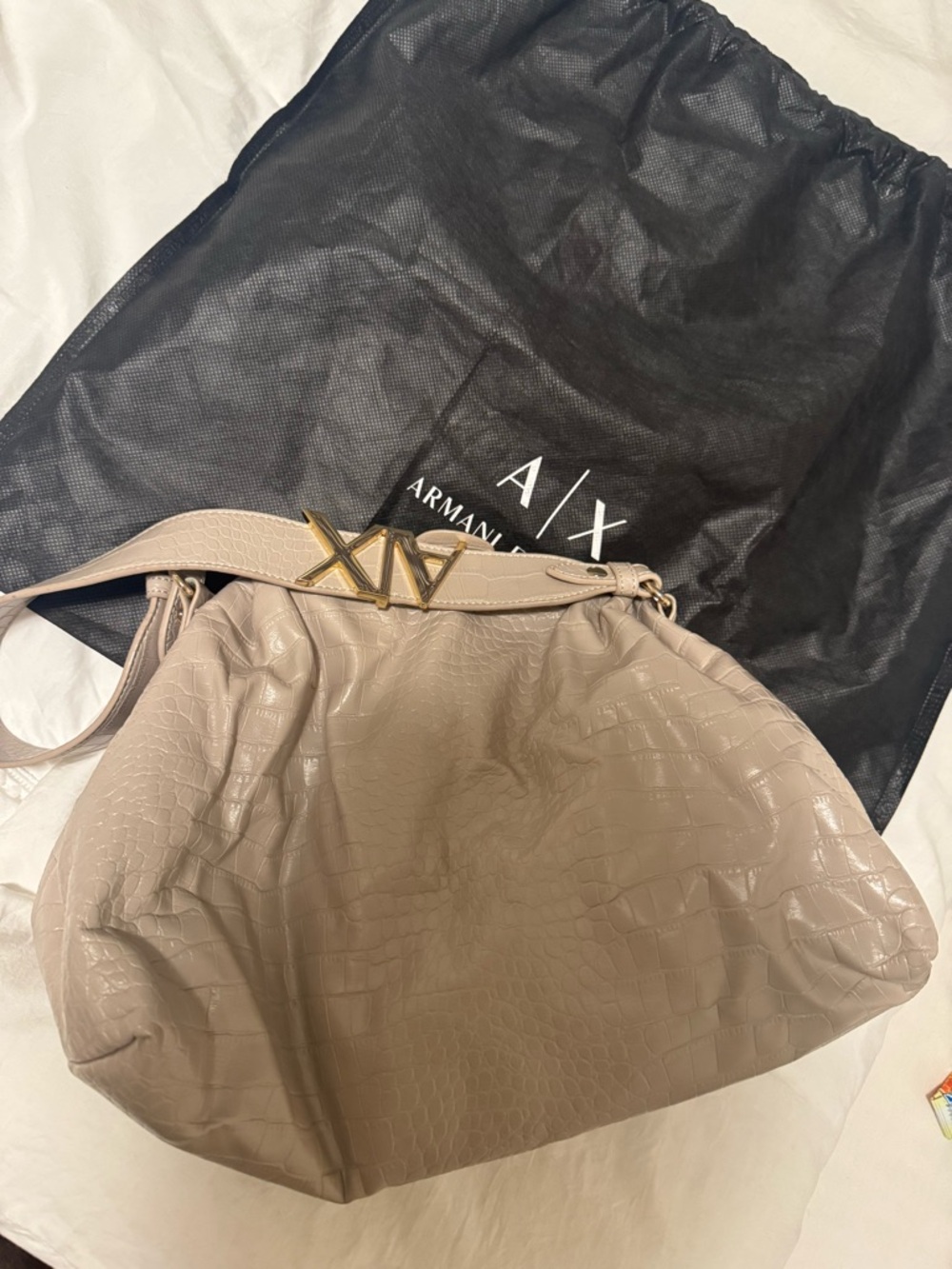 Armani Exchange Beige Croc-Embossed Shoulder Bag with Gold AX Accent